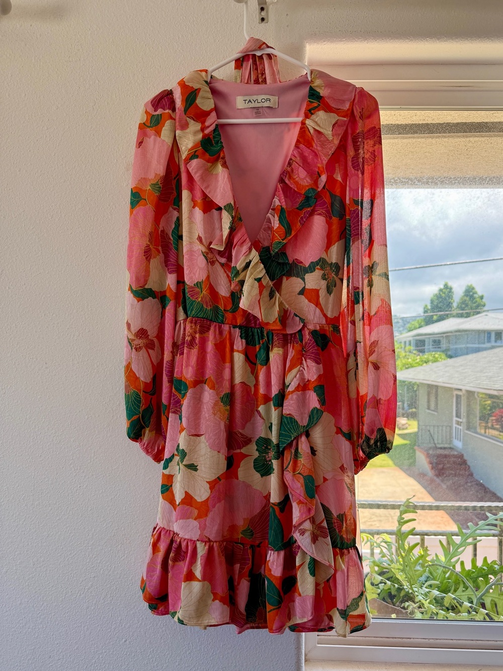 Taylor Pink Floral Ruffle Wrap Dress NWT